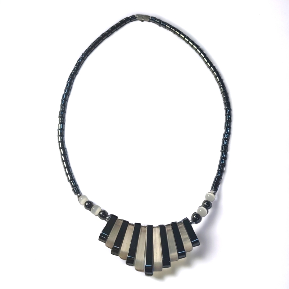 Art-Deco Hematite Bead/Mother Of Pearl Finger Fringe Choker/Necklace